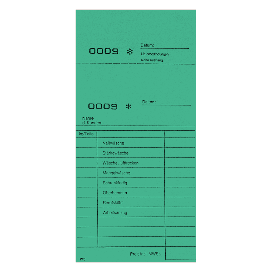 Annahmeblock W3 d. grün 20 Stück num. von 1-1.000