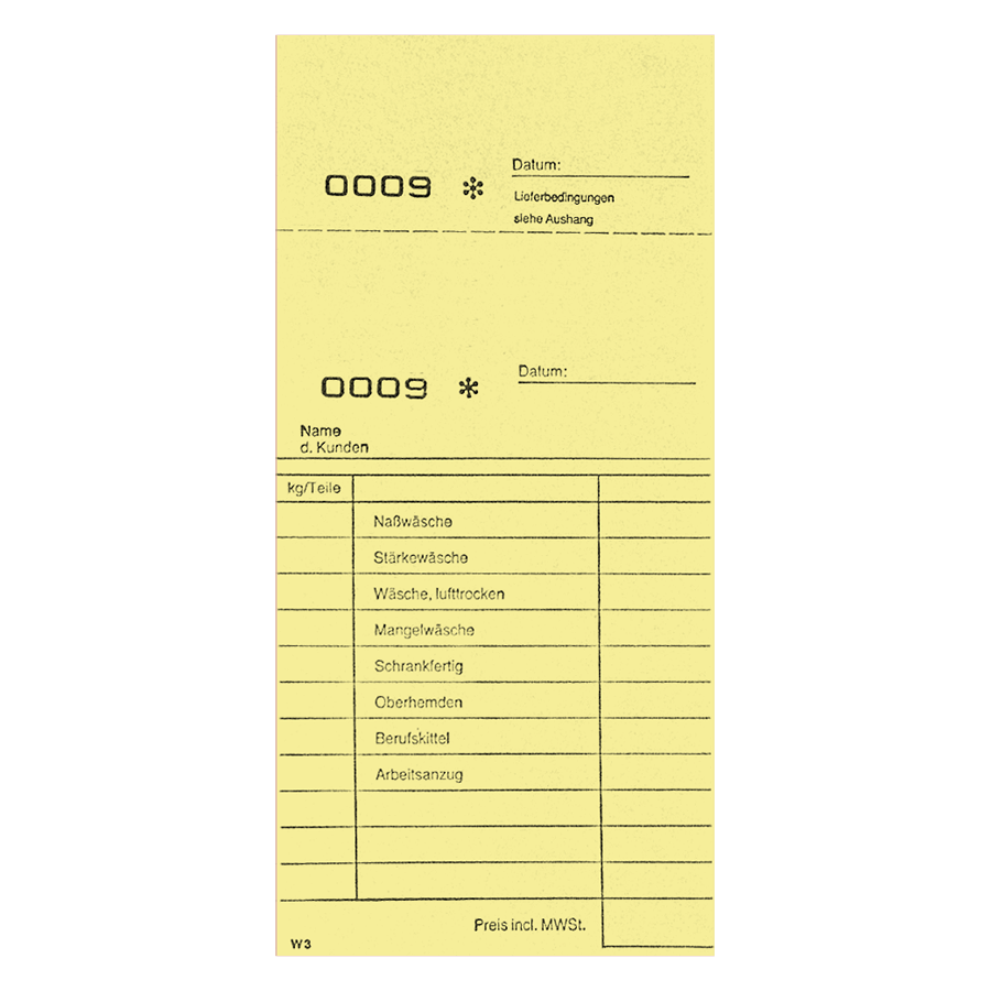 Annahmeblock W3 gelb 20 Stück num. von 1-1.000