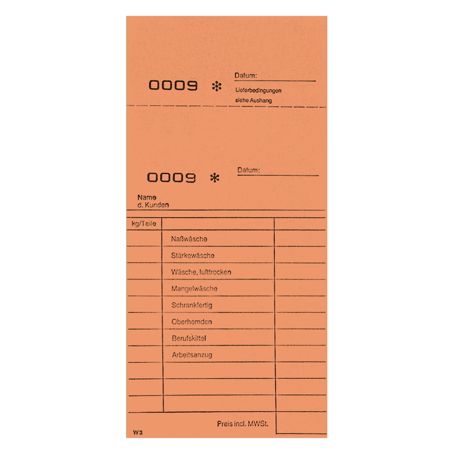 Annahmeblock W3 orange 20 Stck. num. von 1-1.000