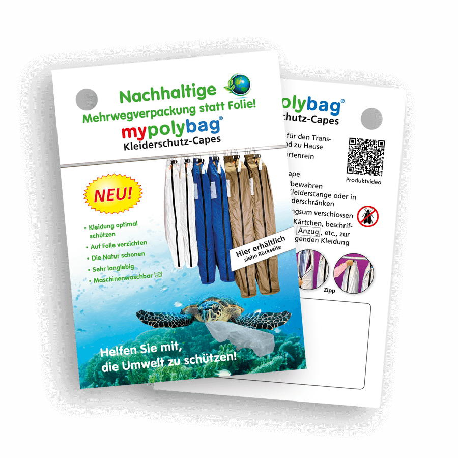 Flyer: mypolybag Kleiderschutz-Capes, DIN A6, zur Auslage auf der Ladentheke ode