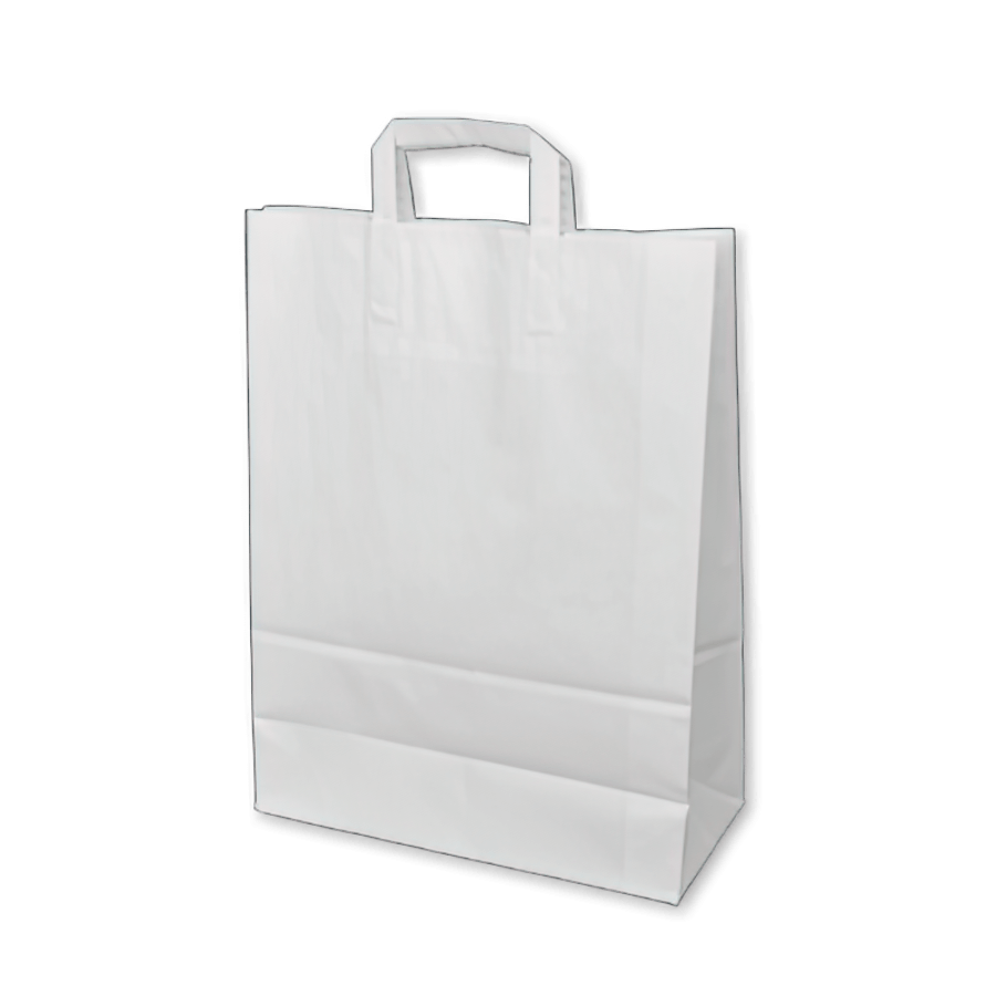 Papiertragetaschen aus weißem Kraftpapier, Maße: 32x42 cm + jeweils 14 cm Seiten