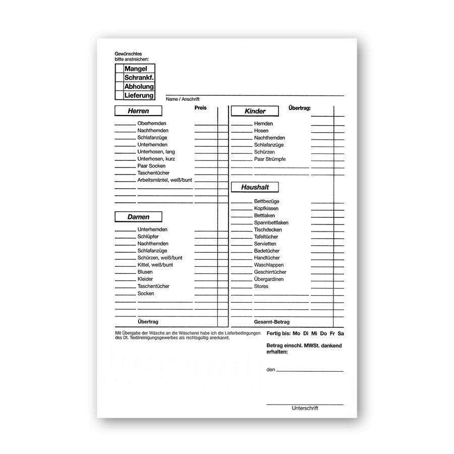 Wäscheliste Weiß  DIN A5 1000 Blatt, Normalpapier, ohne Nummerierung